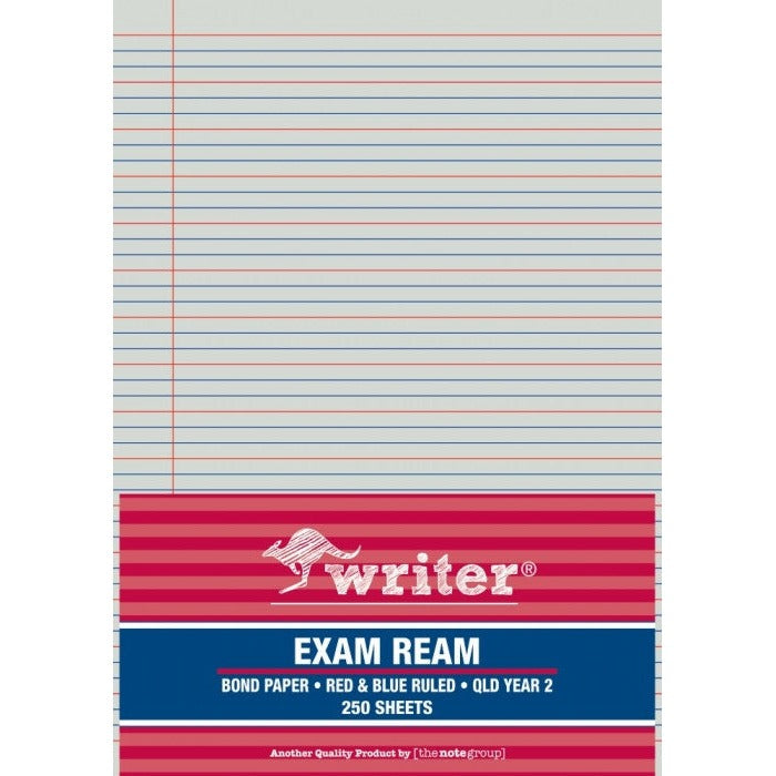 Writer exam ream in a pink striped wrapper printed bond paper, red and blue ruled, QLD Year 2, 250 sheets, with alternating red and blue lines on the sheet