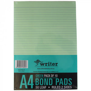 Writer A4 green bond pad in a teal and black wrapper band reading Green Pack of 10, 50 Leaf, Ruled 2 Sides
