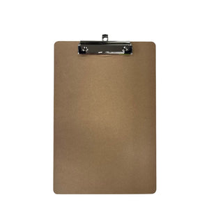 Writer A4 MDF clipboard, a plain brown board with a chrome flat clip centred along the top edge, shown on a white background