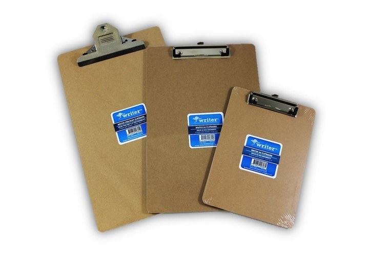 Three Writer MDF clipboards side by side in foolscap, A4 and A5 sizes, each carrying a blue Writer label, the largest with a heavy duty clip