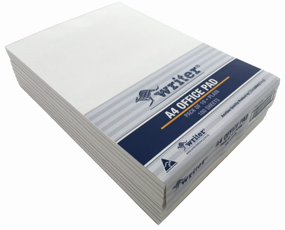 Stack of Writer A4 office pads in their striped wrapper, seen from above at an angle with the navy A4 Office Pad band on top