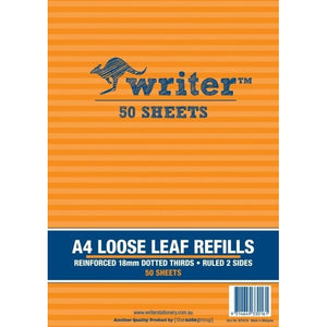 Orange striped cover of the Writer A4 loose leaf refills pad printed Reinforced 18mm Dotted Thirds, Ruled 2 Sides, 50 Sheets, item NP6026