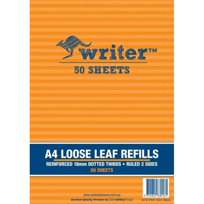 Orange striped cover of the Writer A4 loose leaf refills pad printed Reinforced 18mm Dotted Thirds, Ruled 2 Sides, 50 Sheets, item NP6026