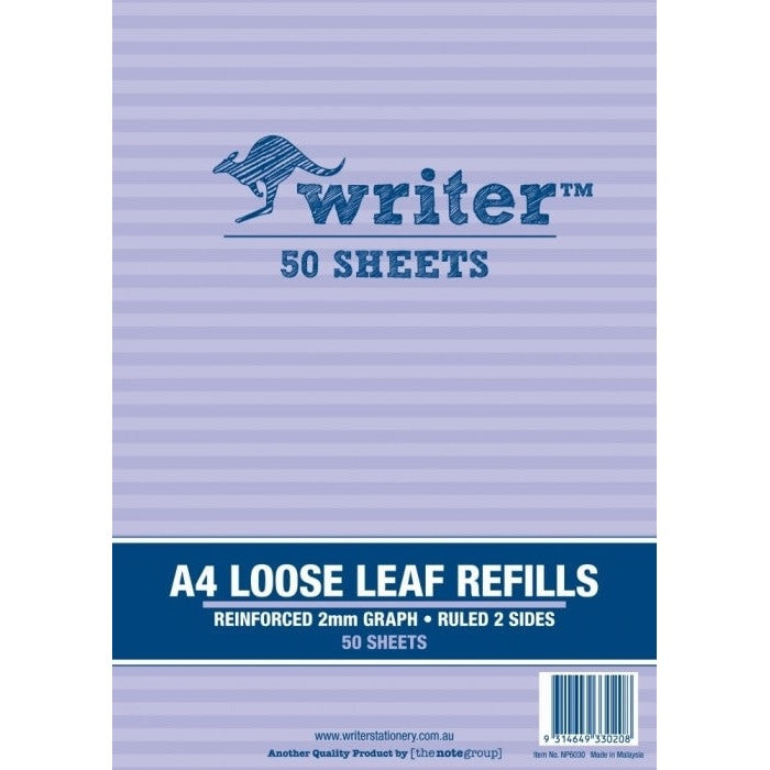 Lilac striped cover of the Writer A4 loose leaf refills pad printed Reinforced 2mm Graph, Ruled 2 Sides, 50 Sheets, item number NP6030