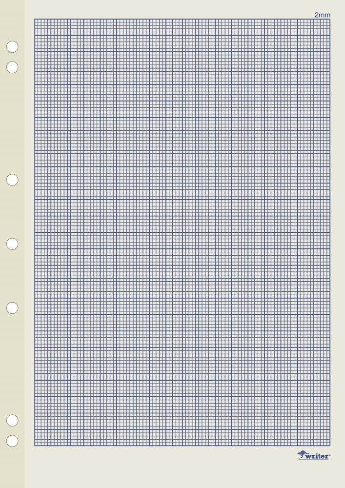 Illustration of a Writer 2mm graph refill sheet with a fine blue grid, heavier lines at intervals and seven holes in a reinforced left strip