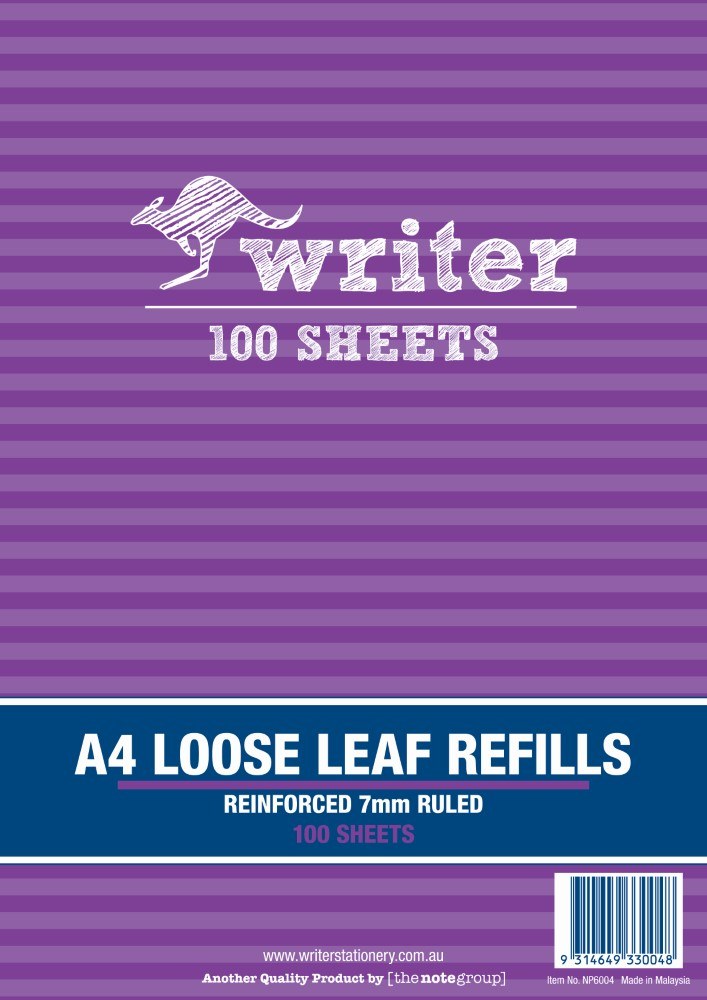 Purple striped cover of the Writer A4 loose leaf refills pad printed Reinforced 7mm Ruled 100 Sheets, barcode and item number NP6004