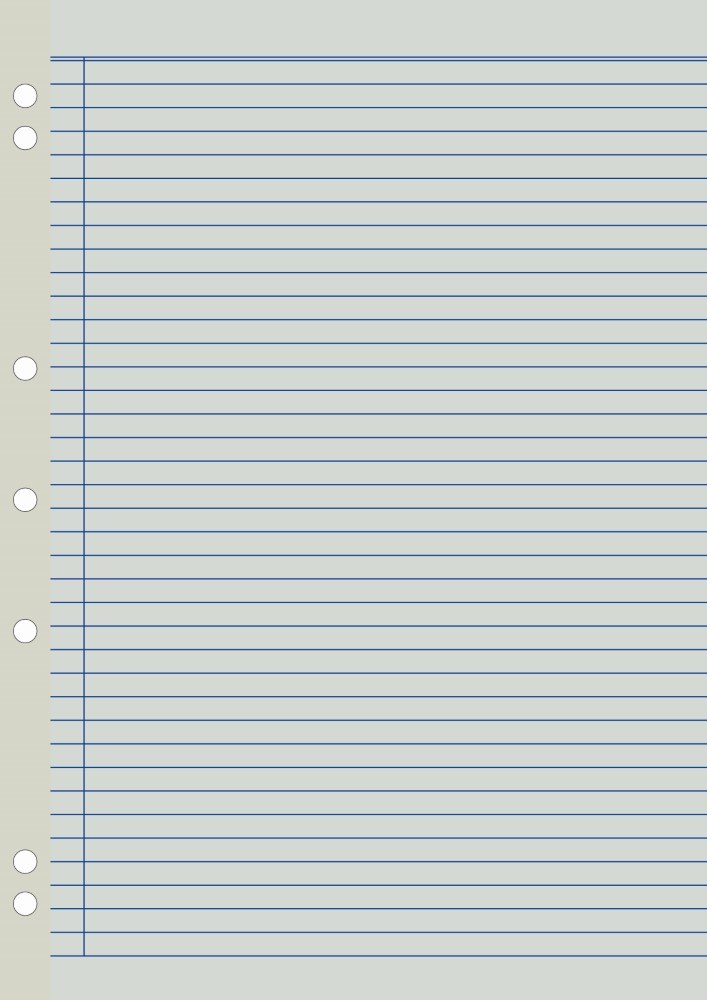 Drawing of a Writer 7mm ruled binder refill page with a blue margin and seven punched holes in a reinforced strip on the left