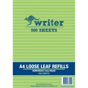 Green striped cover of the Writer A4 loose leaf refills pack printed Reinforced 7mm Ruled 500 Sheets, with barcode and item number NP6006