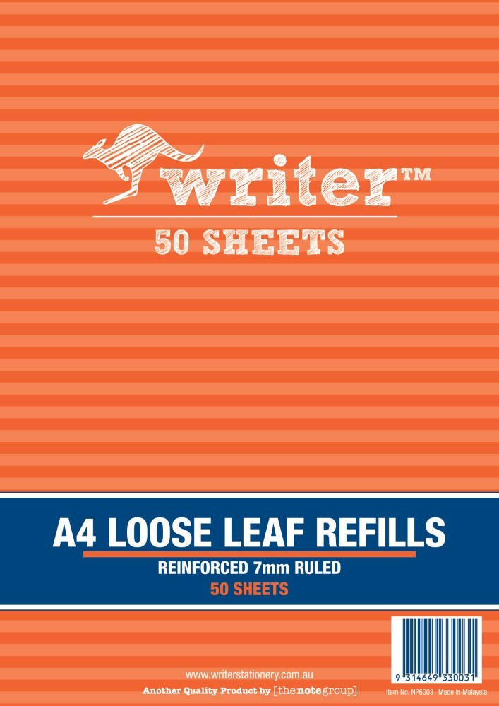 Orange striped cover of the Writer A4 loose leaf refills pad printed Reinforced 7mm Ruled 50 Sheets, with barcode and item number NP6003