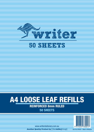 Writer A4 loose leaf refills pad with a light blue striped cover printed Reinforced 8mm Ruled 50 Sheets, barcode and item number NP6001