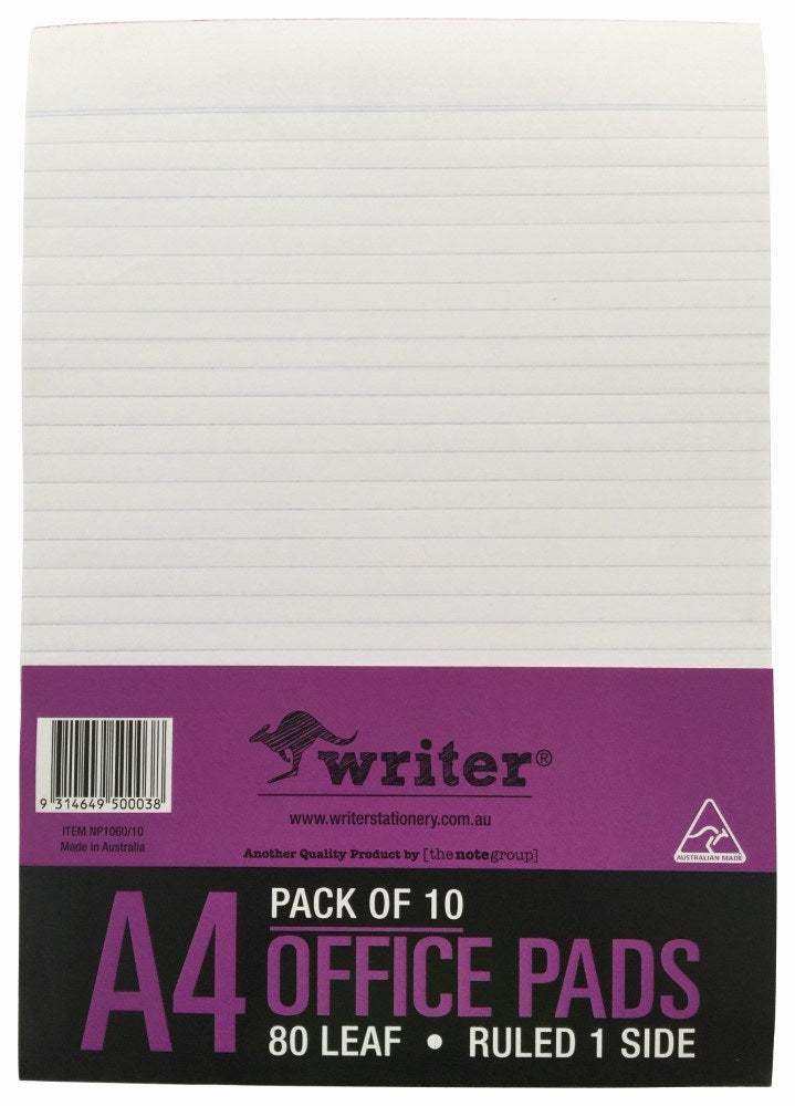 Writer A4 office pad with a purple and black band reading Pack of 10, A4 Office Pads, 80 Leaf, Ruled 1 Side