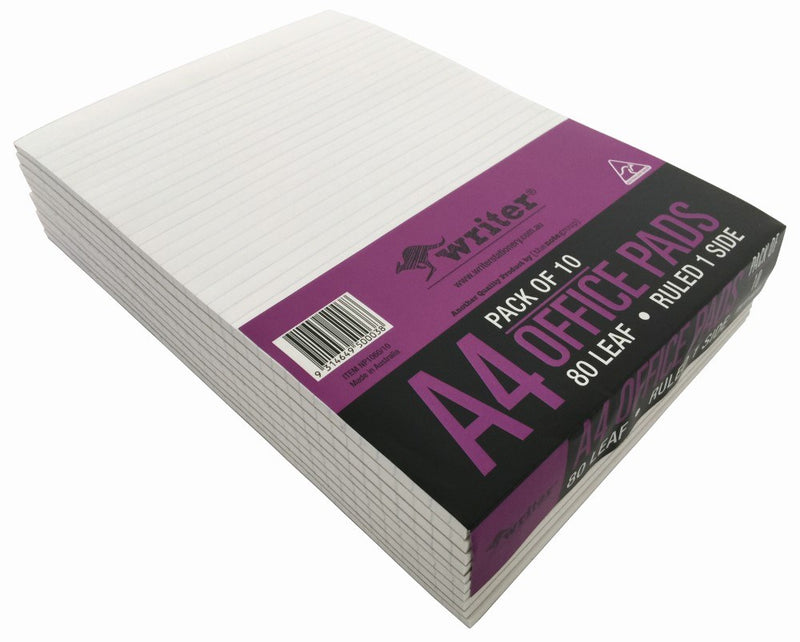 Stack of Writer A4 ruled office pads bound by a purple band, photographed on an angle from the front corner