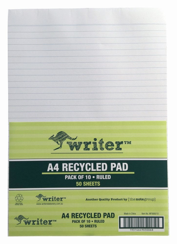 Writer A4 ruled pad under a green striped wrapper band printed Pack of 10, Ruled, 50 Sheets with a barcode panel