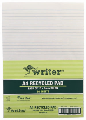 Writer A4 ruled pad with a green striped wrapper band printed Pack of 10, 8mm Ruled, 80 Sheets and a barcode panel