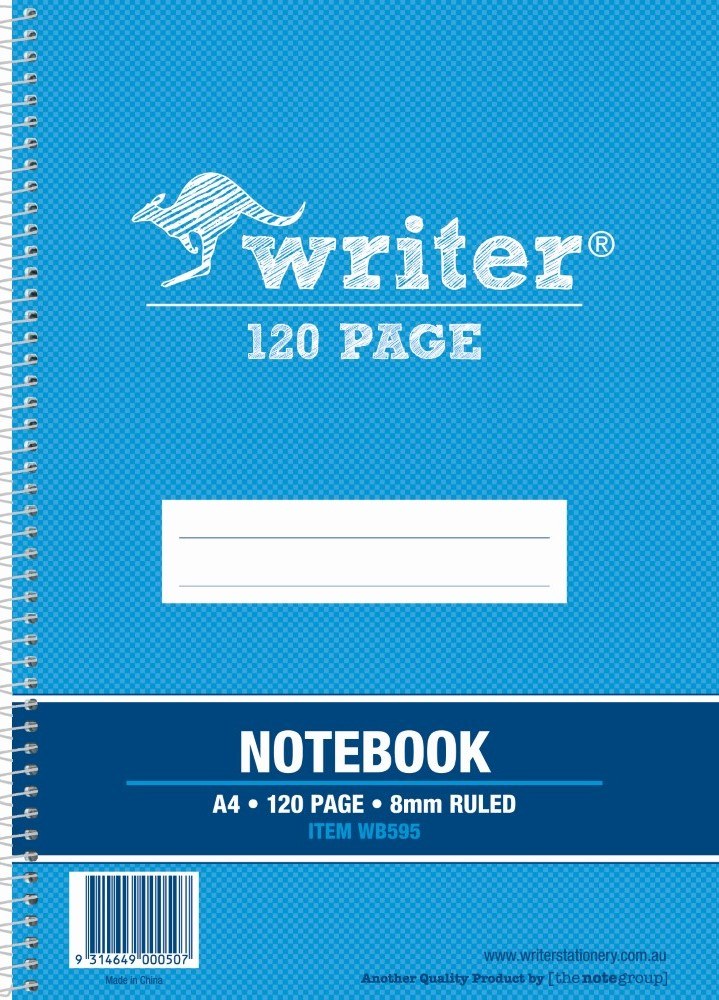 Writer A4 notebook with a blue checked cover and left wire spiral, labelled notebook A4 120 page 8mm ruled item WB595 with barcode