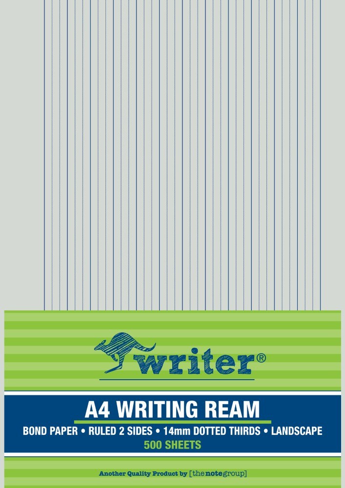 Writer A4 Writing Ream wrapper in green stripes reading Ruled 2 Sides, 14mm Dotted Thirds, Landscape, 500 Sheets, below a sheet of dotted thirds ruling