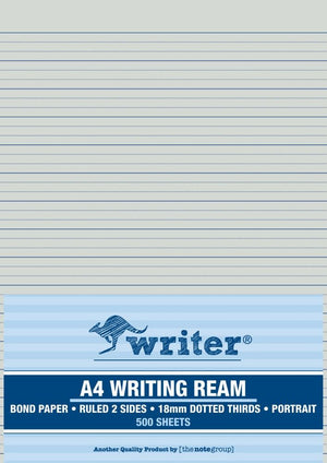 Writer A4 Writing Ream in a pale blue striped wrapper printed Bond Paper, Ruled 2 Sides, 18mm Dotted Thirds, Portrait, 500 Sheets, with the ruled top sheet above