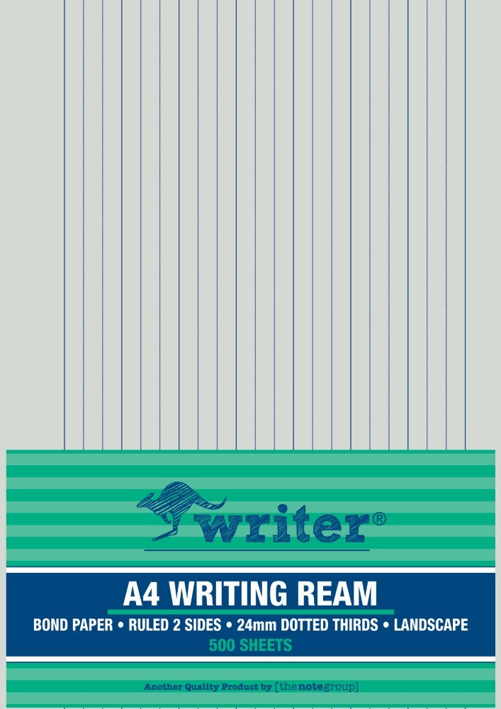 Writer A4 Writing Ream in a teal striped wrapper reading Ruled 2 Sides, 24mm Dotted Thirds, Landscape, 500 Sheets, with a wide dotted thirds sheet above