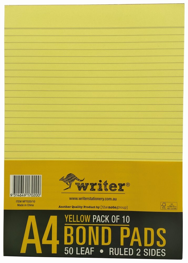 Writer A4 yellow bond pad with a yellow and black wrapper band reading Yellow Pack of 10, 50 Leaf, Ruled 2 Sides