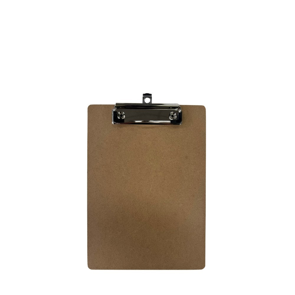 Writer A5 MDF clipboard, a small plain brown board with a chrome flat clip on the short top edge, on a white background