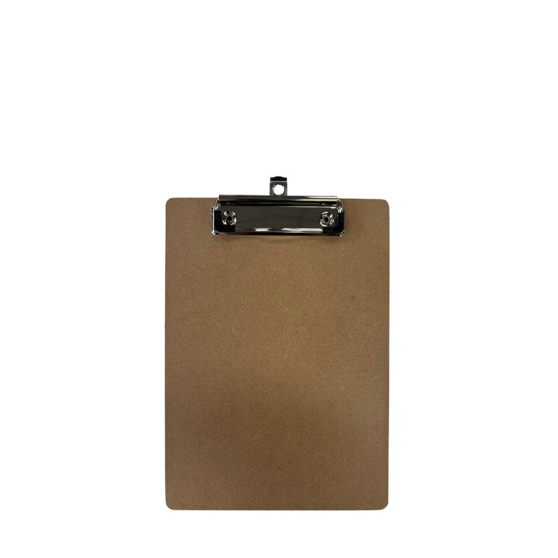 Writer A5 MDF clipboard, a small plain brown board with a chrome flat clip on the short top edge, on a white background