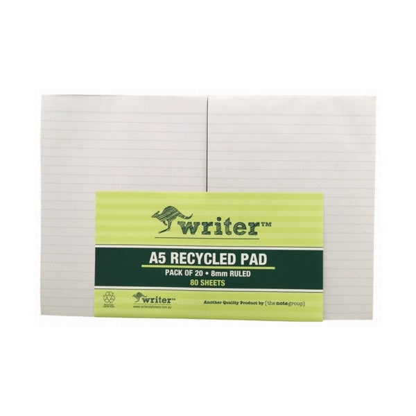 Two Writer A5 ruled pads side by side under a green striped band printed A5 Pack of 20, 8mm Ruled, 80 Sheets