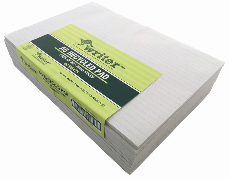 Banded stack of Writer A5 ruled pads seen from a high angle, with the green band wrapped around the pads