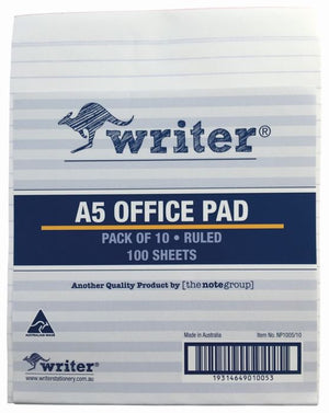 Writer A5 office pad in its striped wrapper with a navy band reading A5 Office Pad, Pack of 10, Ruled, 100 Sheets