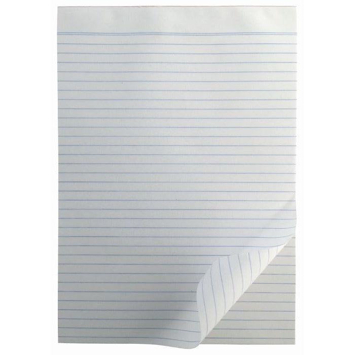 An A5 sheet from the Writer ruled office pad with evenly spaced blue lines and the lower corner lifted