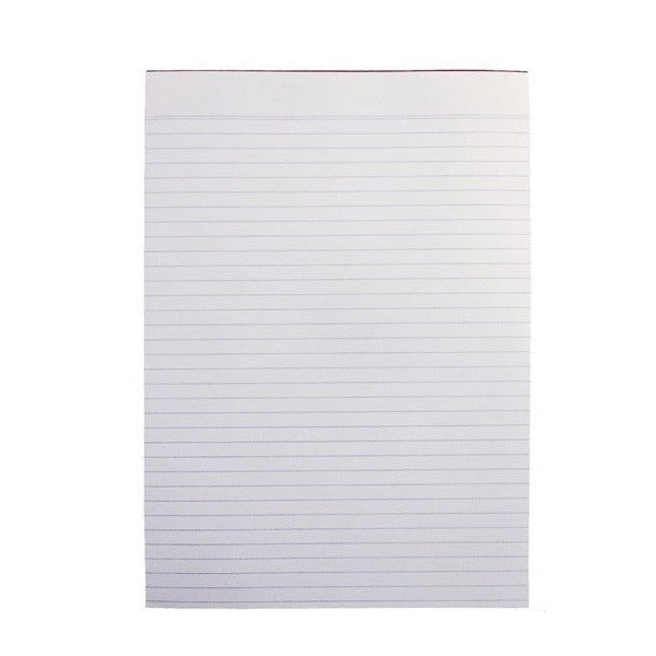 Front view of a single ruled white A5 pad with blue lines running across the page, shown without its wrapper