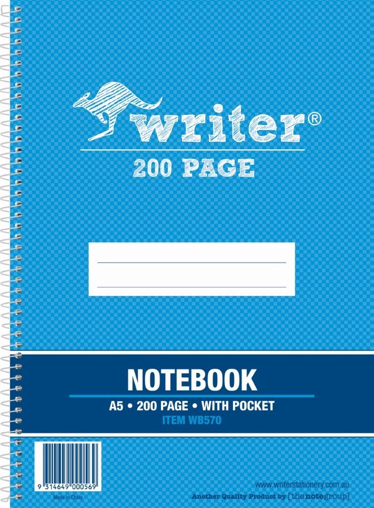 Writer A5 notebook with a blue checked board cover, left wire spiral and a navy band reading A5 200 page with pocket item WB570