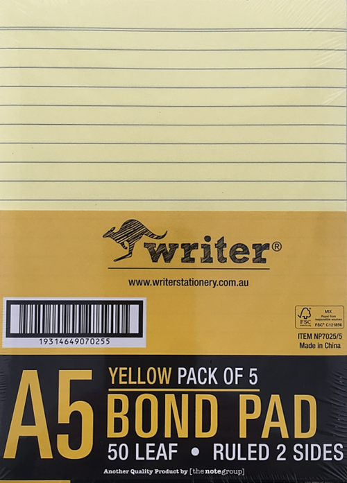 Writer A5 yellow bond pad with ruled lines in a wrapper reading A5 Yellow Pack of 5, Bond Pad, 50 Leaf, Ruled 2 Sides