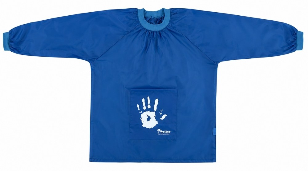 Writer NP8756 blue polyester art smock laid flat with long sleeves, a gathered lighter blue collar and cuffs, and a front patch pocket printed with a white handprint and the Writer logo