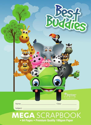 Writer Best Buddies Mega scrap book cover showing cartoon animals riding in a smiling green car, with a name, class and subject panel and 64 Pages, 100gsm printed below
