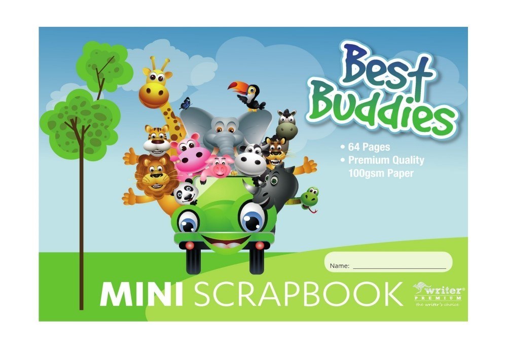 Best Buddies mini scrap book landscape cover with cartoon animals riding in a green car, printed 64 pages and premium quality 100gsm paper