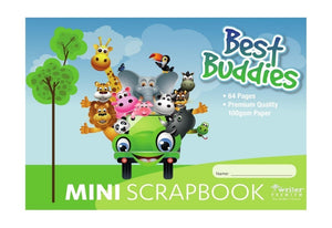 Best Buddies mini scrap book landscape cover with cartoon animals riding in a green car, printed 64 pages and premium quality 100gsm paper