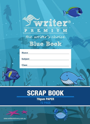 Writer Premium Blue Book scrap book cover with scuba divers, tropical fish and a whale, a Name Subject Class panel and a band reading 70gsm paper 72 page