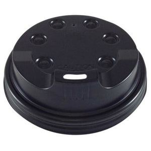 Black plastic Writer Breakroom 12oz cup lid with a raised dome, a ring of round bosses, embossed CAUTION wording and a rectangular sip opening