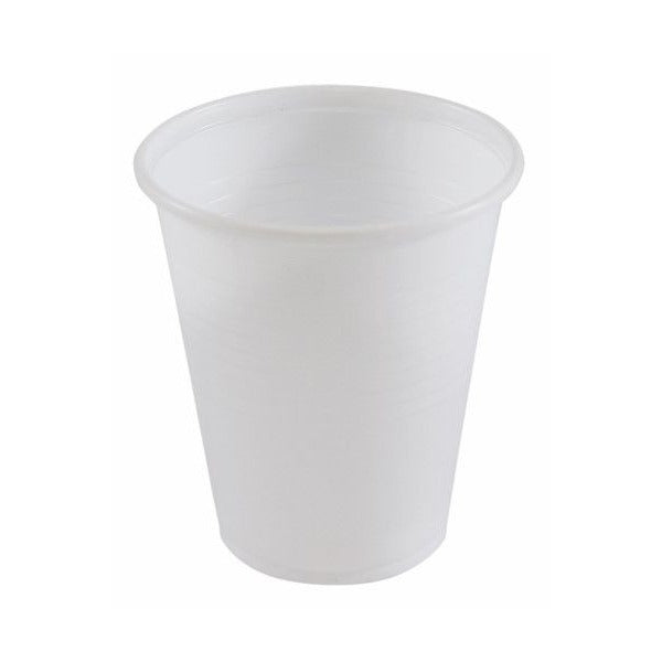 Writer Breakroom 200ml white plastic dispenser cup, tapered with a rolled lip and faint ridges moulded around the slightly translucent wall