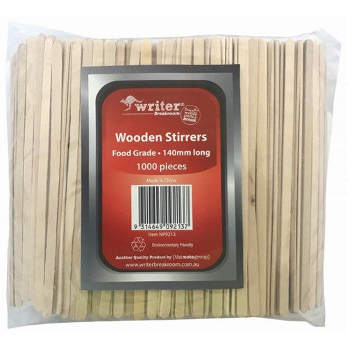 Clear bag of Writer Breakroom flat wooden coffee stirrers with a red label reading Wooden Stirrers, Food Grade, 140mm long, 1000 pieces