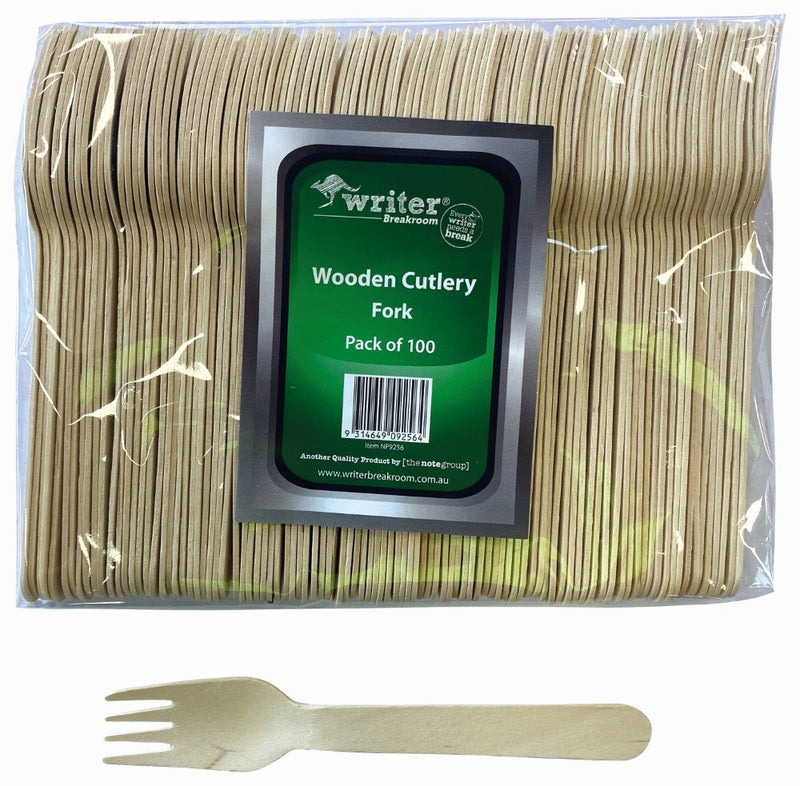 Clear pack of Writer Breakroom wooden forks with a green label reading Wooden Cutlery Fork, Pack of 100, and one loose fork laid below it