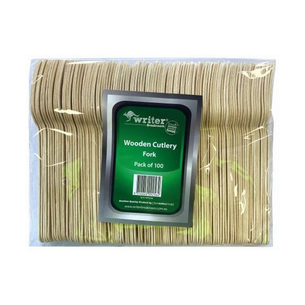 Sealed film pack of 100 Writer Breakroom wooden forks seen from above, the green label showing the barcode and pack count