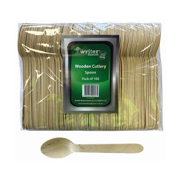 Pack of Writer Breakroom wooden spoons in clear film with a green Wooden Cutlery Spoon, Pack of 100 label and one spoon lying in front