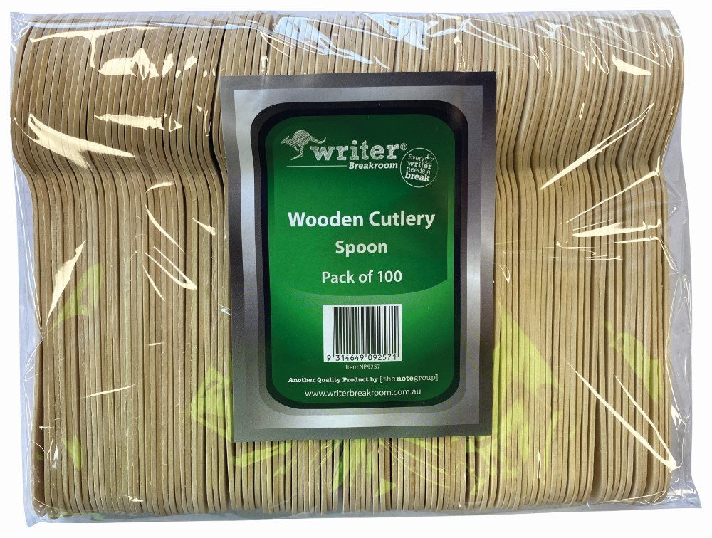 Writer Breakroom wooden spoon pack photographed flat, the label showing Pack of 100 above the barcode and item number