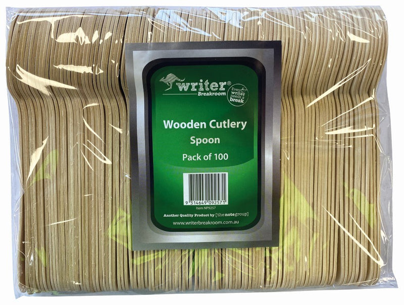 Writer Breakroom wooden spoon pack photographed flat, the label showing Pack of 100 above the barcode and item number