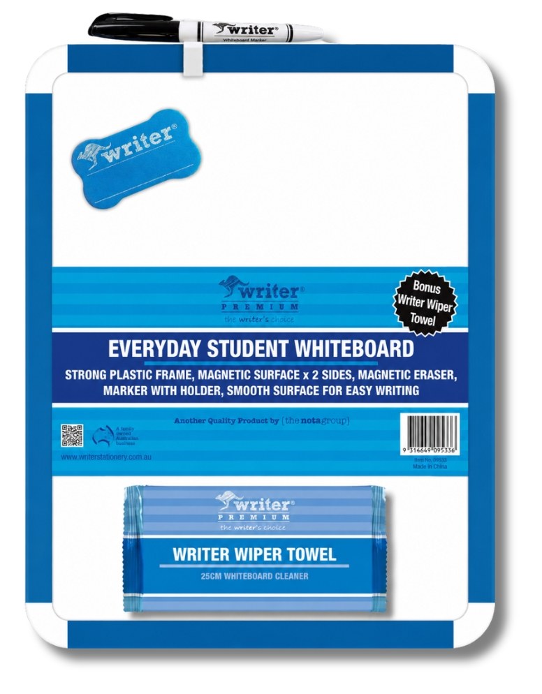 Writer Everyday Student Whiteboard in its current Writer Premium pack band with a black marker in the top holder, a blue dog bone eraser and a Writer wiper towel sachet