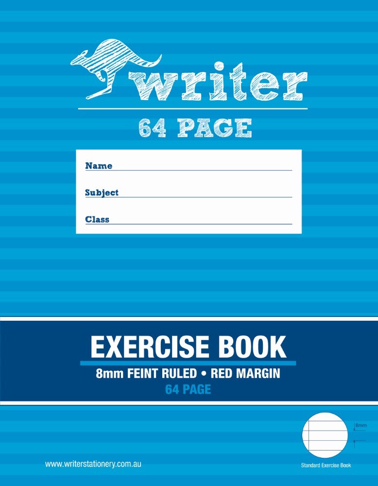 Front of the Writer 64 page exercise book with a blue striped cover, name and class panel and an 8mm feint ruled, red margin band