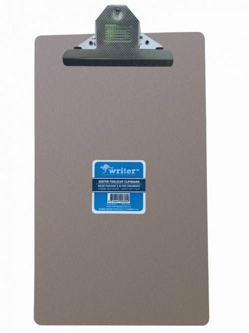 Writer foolscap clipboard with a blue label reading holds foolscap and A4 size documents, strong MDF board plus heavy duty clip