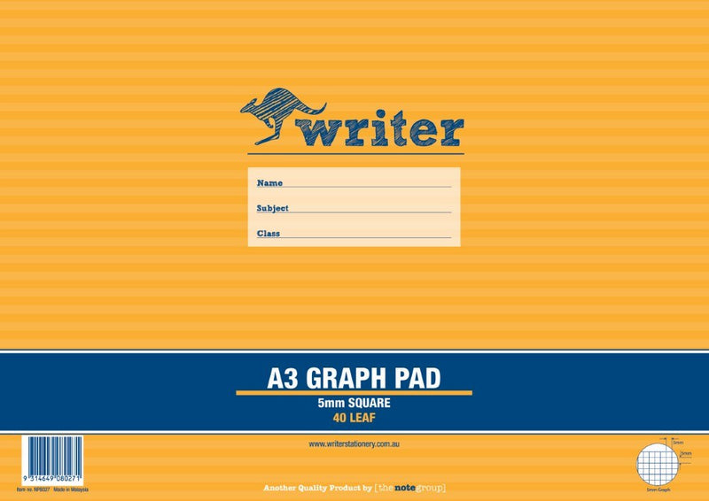Landscape orange striped cover of the Writer A3 Graph Pad printed 5mm Square and 40 Leaf, with a name, subject and class panel