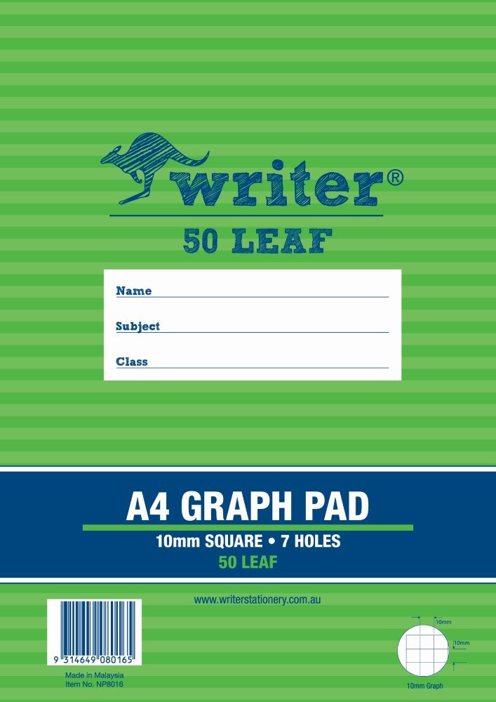 Green striped cover of the Writer A4 Graph Pad printed 10mm Square, 7 Holes and 50 Leaf, with name, subject and class lines
